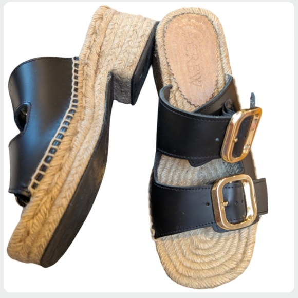 J.Crew Black Leather Two Strap Espadrille Sandals Size 5 - Made in Spain - Picture 5 of 12